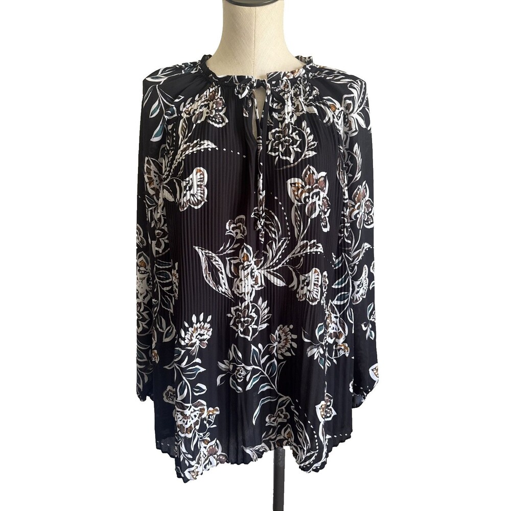 Valerie Stevens Black Floral Top Accordian Blouse Tie Neck Long Sleeve 1X